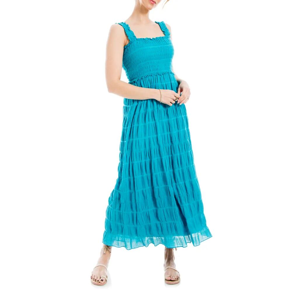 NWT Max Studio Women's Square Neck Smocked Textured Cotton Maxi Dress